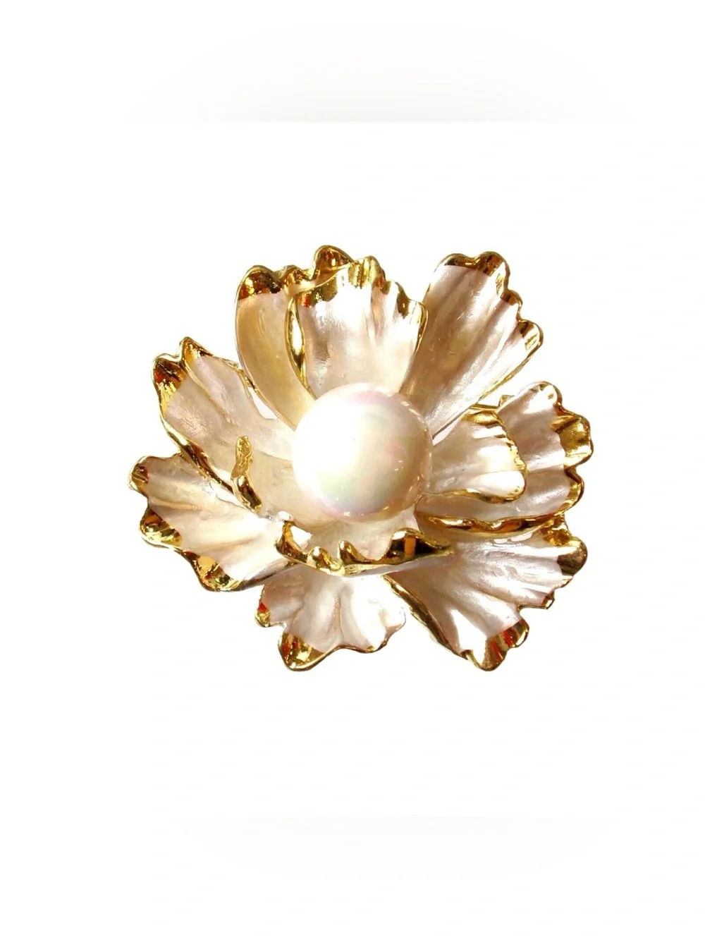 White Flower Brooch Pin with pearl center and gold trim. White floral fashion